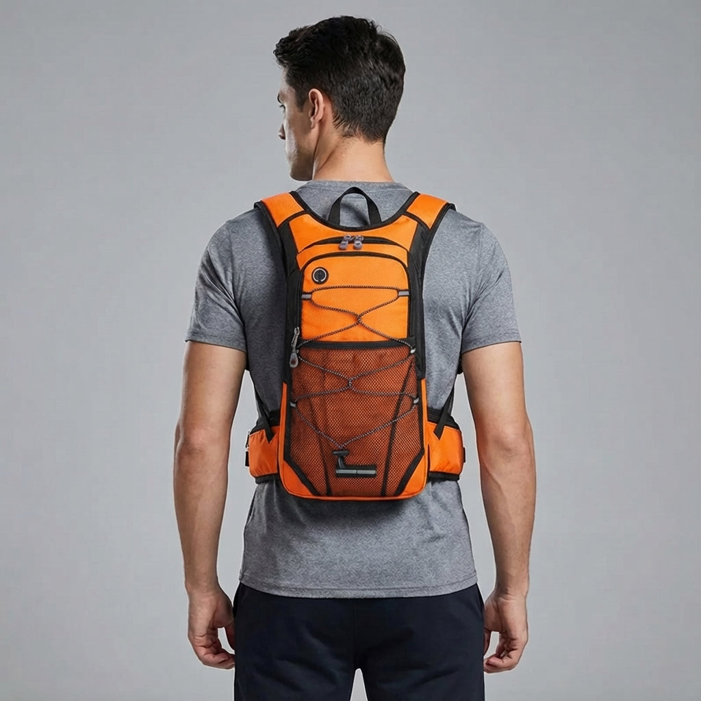 Model draagt de Pathcore ergonomische outdoor rugzak, ideaal voor wandelaars en fietsers.