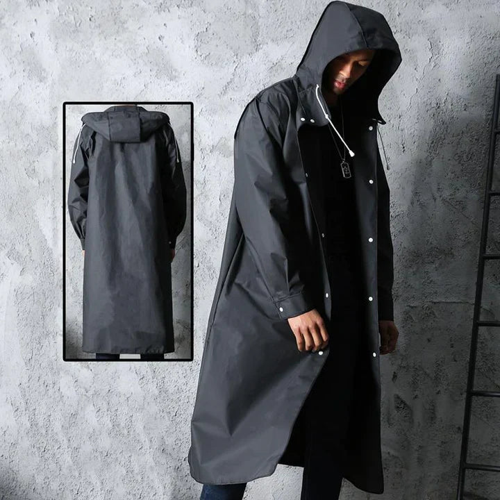 "Unisex regenjas met capuchon, zwart, waterdicht en winddicht, lange stijl voor dames en heren, modieus en functioneel."