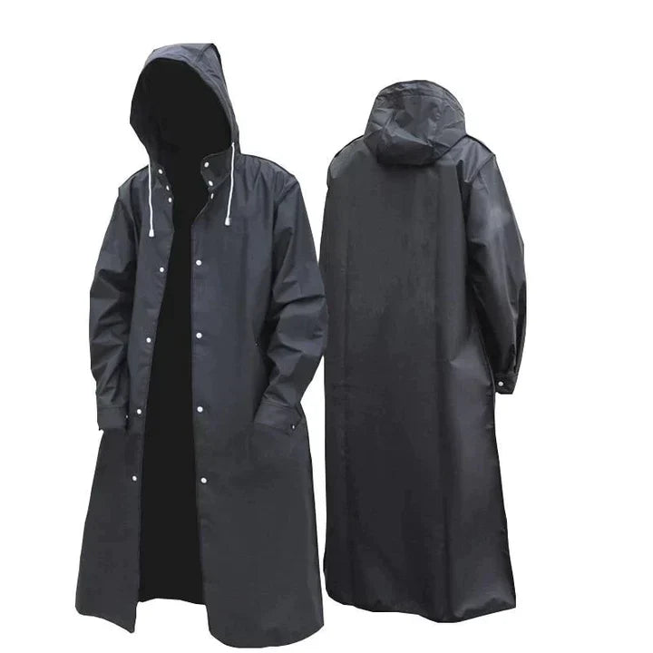 "Unisex regenjas met capuchon, zwart, waterdicht en winddicht, lange stijl voor dames en heren, modieus en functioneel."