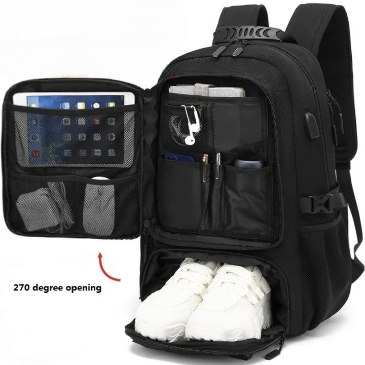 Duurzame, waterafstotende rugzak met grote capaciteit (50-80L) en handige USB-poort voor reizen en outdoor.