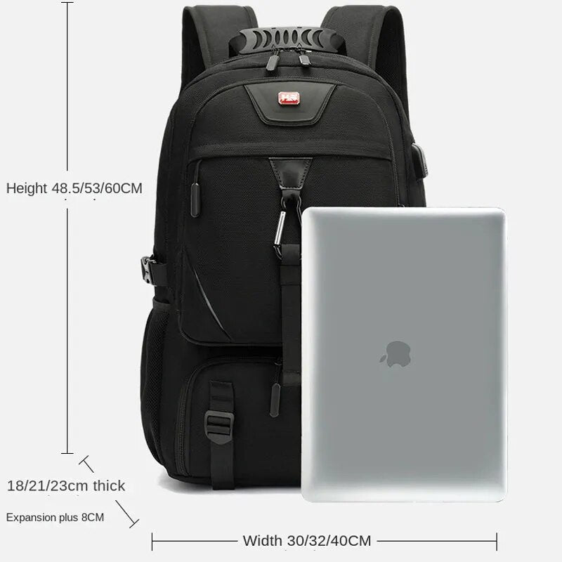 Grote unisex rugzak (50-80L) met georganiseerde vakken, laptopruimte en USB-oplader; ideaal voor bagage.