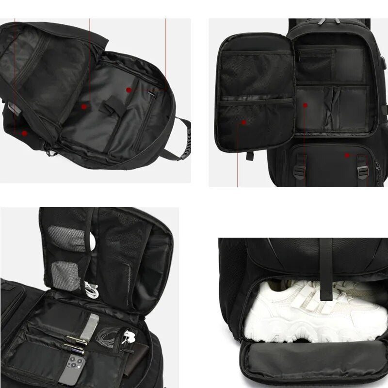 Moderne reistas (50-80L) met USB-oplader voor lange trips en outdoor avonturen; unisex en waterafstotend.