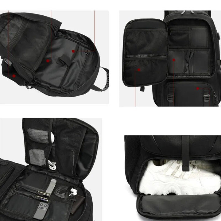 Moderne reistas (50-80L) met USB-oplader voor lange trips en outdoor avonturen; unisex en waterafstotend.