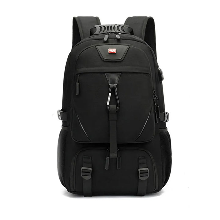 Interieur van de ruime 50-80L reistas, toont organisatievakken, laptopruimte en USB-aansluiting.