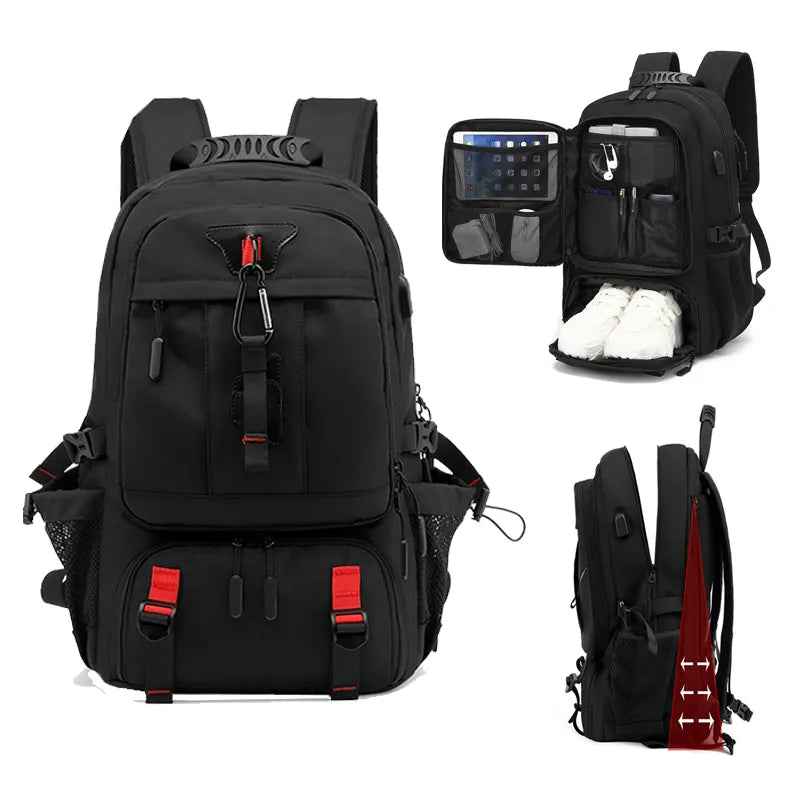 Veelzijdige 50-80L reistas/rugzak met USB-oplader voor pendelen, reizen en outdoor; duurzaam en comfortabel.