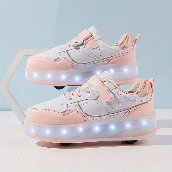 Witte rolschoenen met levendige paarse en roze accenten en ingebouwde LED-verlichting voor kinderen