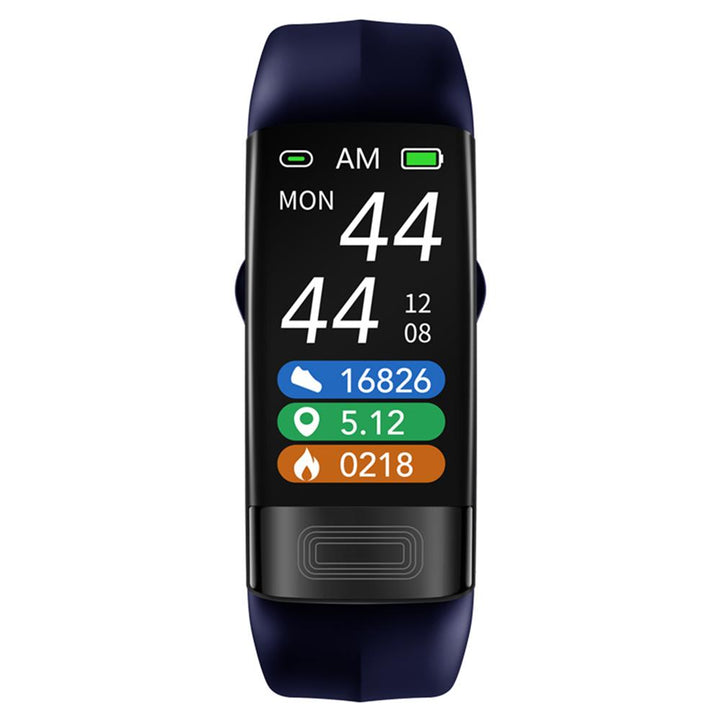 Close-up van de slimme armband die hartslag, bloeddruk en ECG-gegevens toont. Ideaal voor fitness & gezondheid.