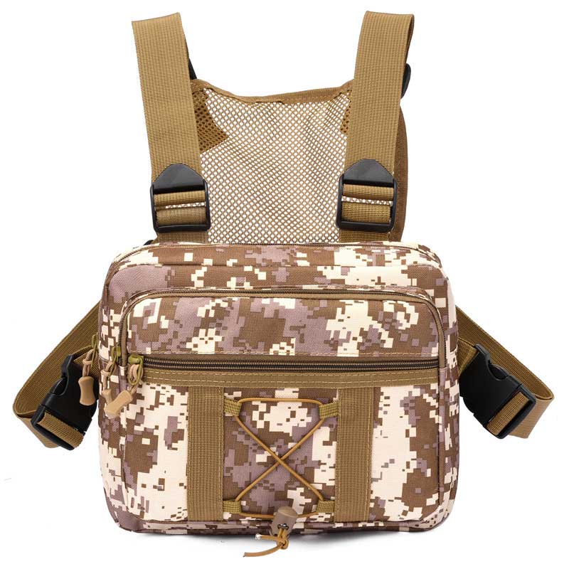 Duurzame tactische borsttas met meerdere vakken, ideaal voor airsoft, wandelen en buitensport. Waterbestendig nylon.