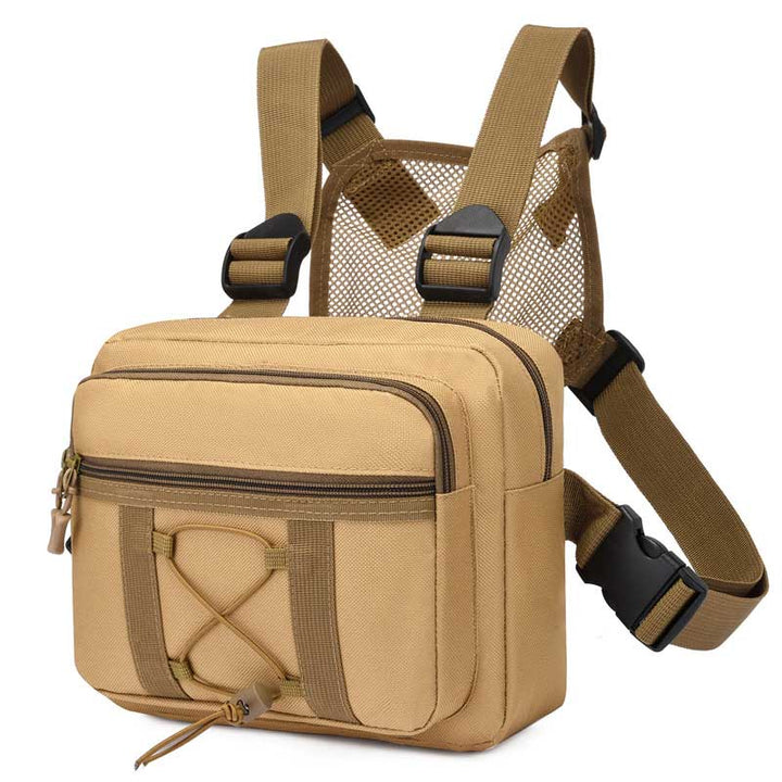 Camouflage tactische borsttas voor avontuur en survival. Waterdicht nylon, comfortabel en duurzaam.