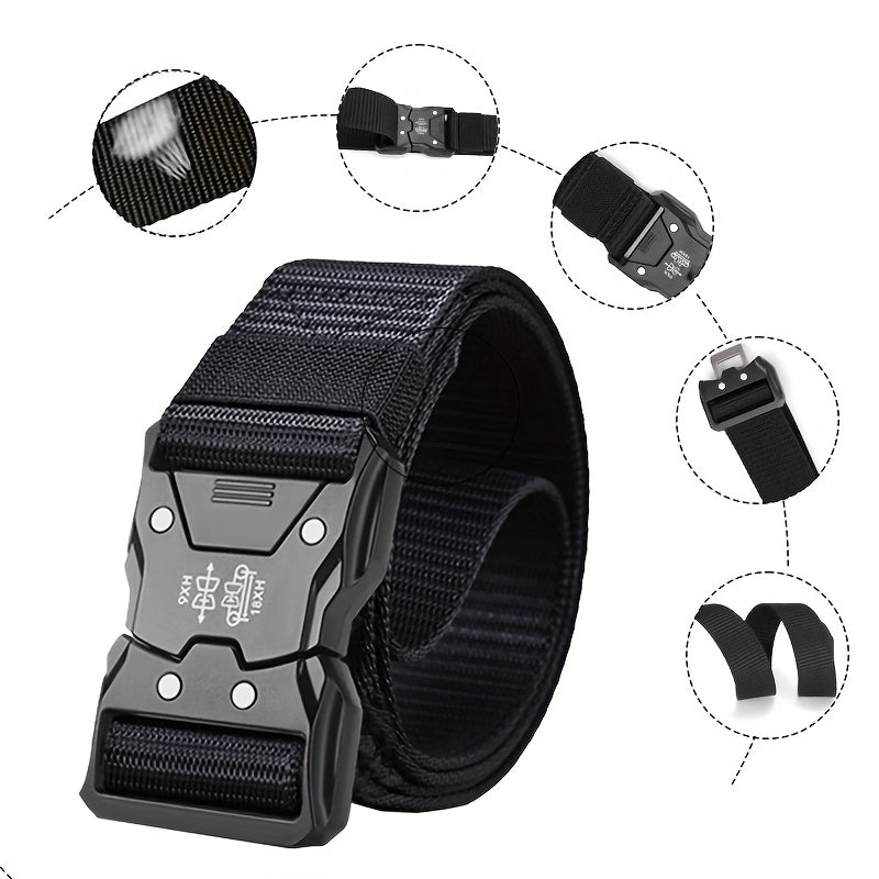 Grijze tactische nylon riem, robuust en veelzijdig, geschikt voor intensief gebruik.
