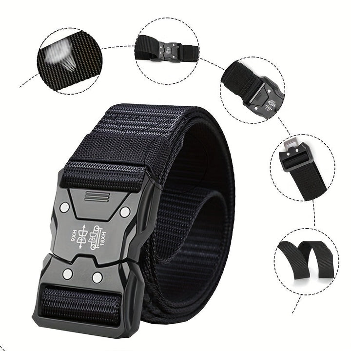 Grijze tactische nylon riem, robuust en veelzijdig, geschikt voor intensief gebruik.