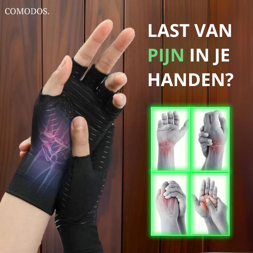 Unisex therapeutische compressiehandschoenen in grijs, bieden verlichting bij handpijn, artritis en reuma.