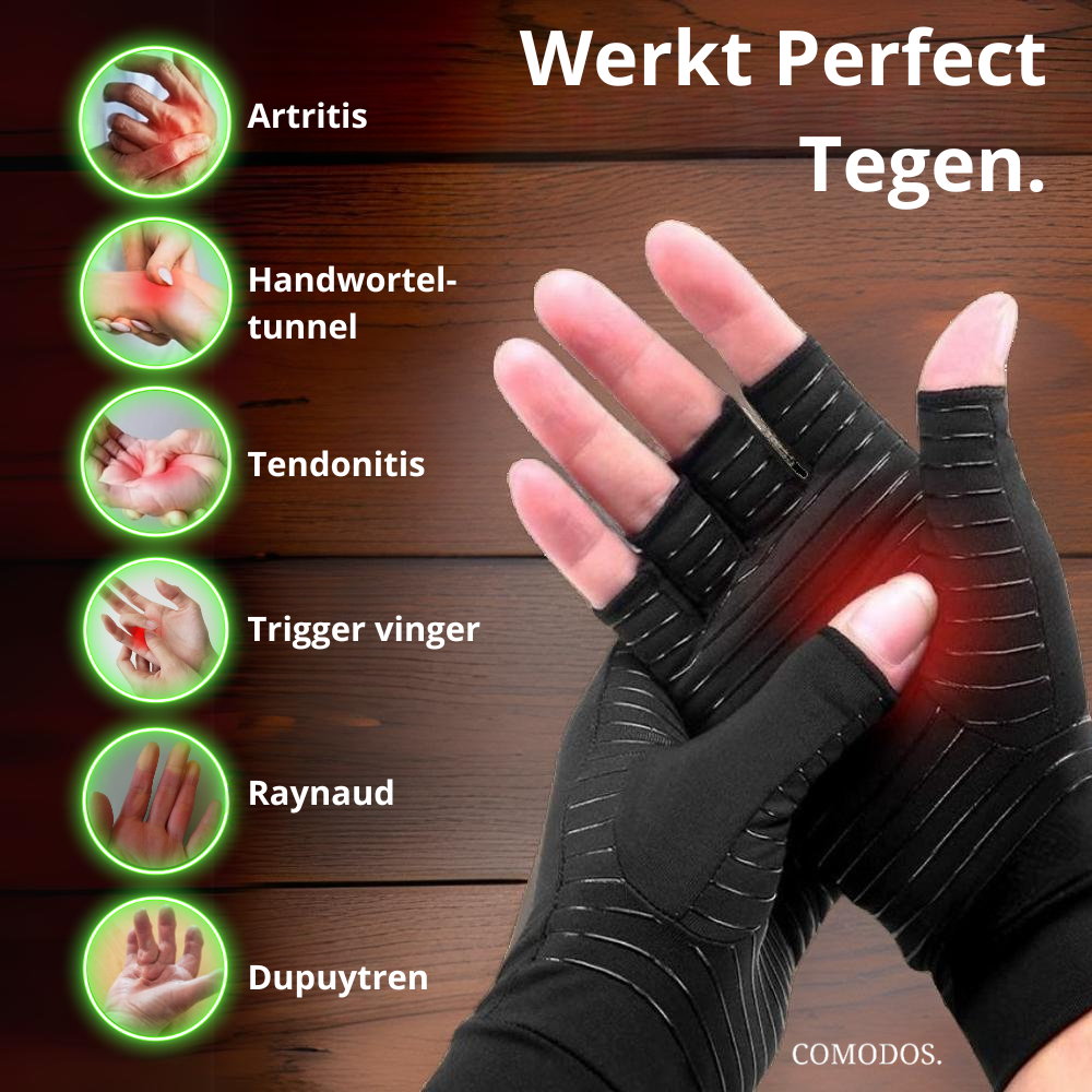 Close-up van huidvriendelijke compressie handschoen, ideaal voor carpaal tunnel syndroom en medisch gebruik.
