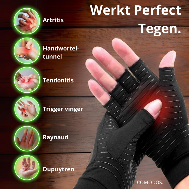 Close-up van huidvriendelijke compressie handschoen, ideaal voor carpaal tunnel syndroom en medisch gebruik.