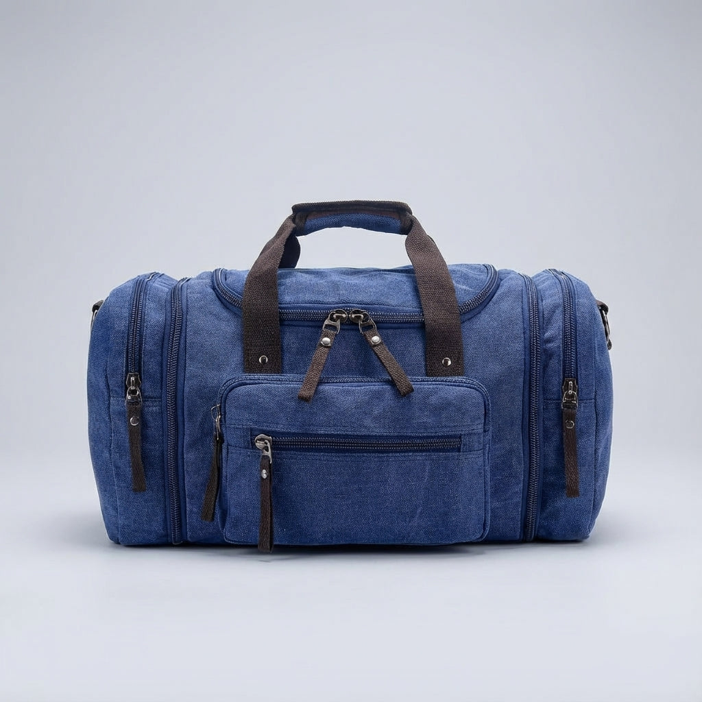 Detailopname van de duurzame canvas stof van de WeekenderPro weekendtas, ideaal voor frequent reizen.
