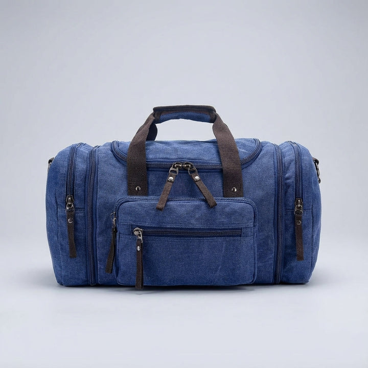 Detailopname van de duurzame canvas stof van de WeekenderPro weekendtas, ideaal voor frequent reizen.