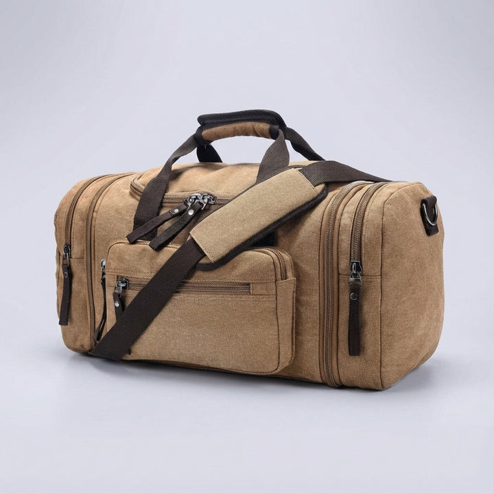 WeekenderPro canvas tas als handbagage in vliegtuig, compact en uitbreidbaar voor zorgeloos reizen.