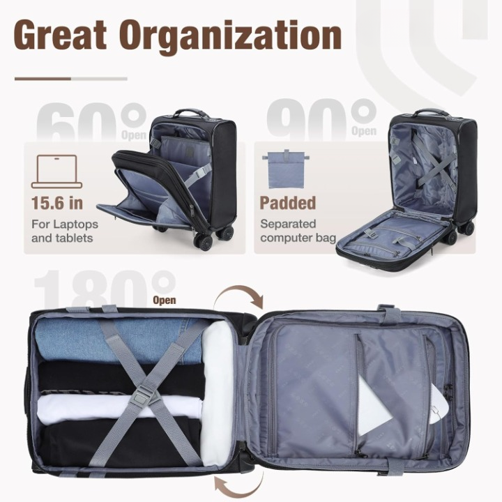 Lichtgewicht uitbreidbare handbagage koffer, onder de stoel te plaatsen, met trolleygreep en spinnerwielen.
