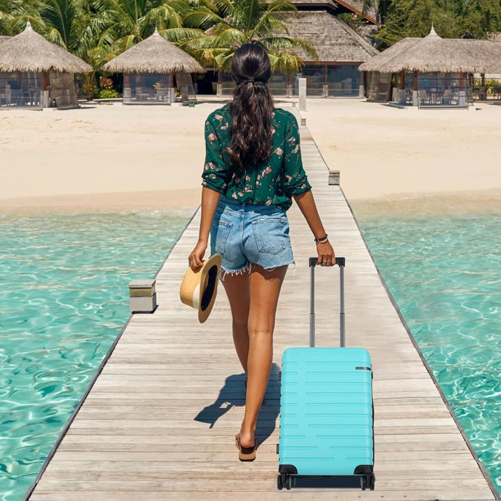 Blauwe handbagage koffer, uitbreidbaar design met harde schaal en geïntegreerd TSA-slot.