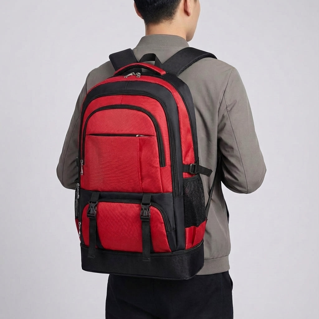 Ruime, uitbreidbare reisrugzak; grote capaciteit voor al je outdoor spullen. Unisex en klaar voor avontuur.