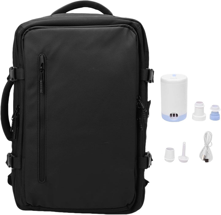 Unisex uitschuifbare reisrugzak (56-75L) met vacuümcompressie en pomp voor efficiënt inpakken.