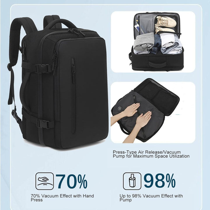 Dravion 56-75L uitschuifbare vacuüm reisrugzak met pomp. Waterbestendig en robuust voor avontuurlijke reizen.