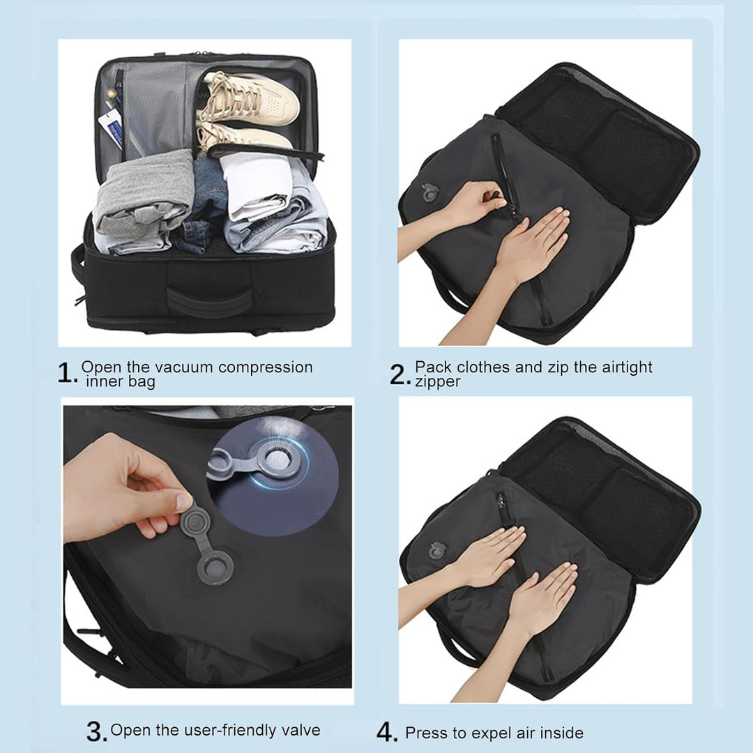 Ergonomische uitschuifbare compressie rugzak (56-75L) met vacuüm pomp. Comfortabel en duurzaam voor lange reizen.