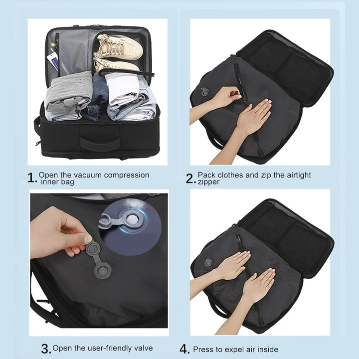 Ergonomische uitschuifbare compressie rugzak (56-75L) met vacuüm pomp. Comfortabel en duurzaam voor lange reizen.