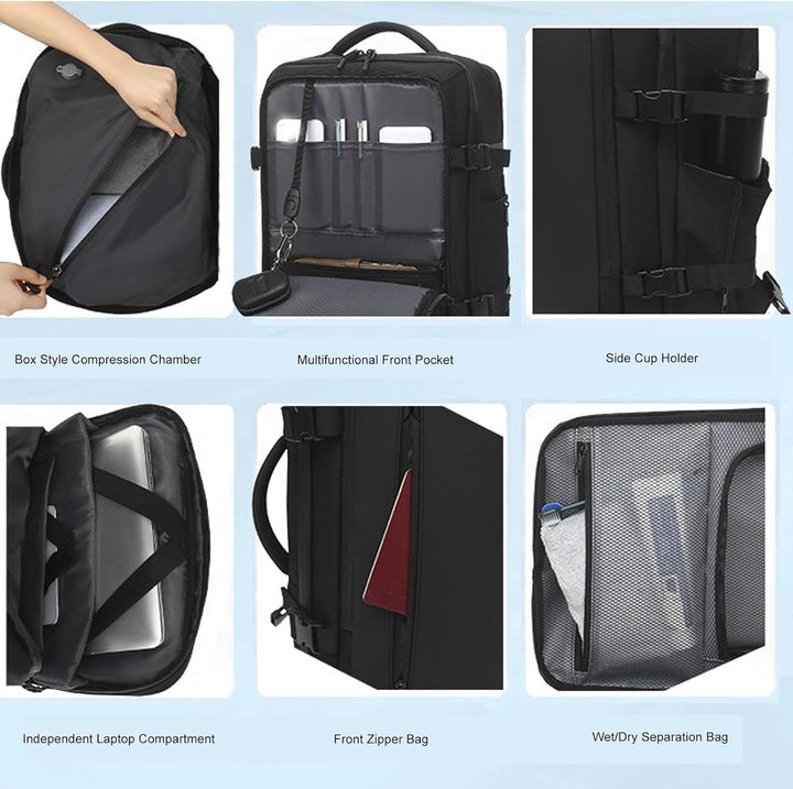 Georganiseerd reizen met de ruime 56-75L reis backpack, vacuümcompressie en pomp voor slim inpakken.
