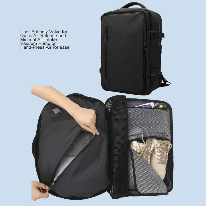 Unisex uitschuifbare vacuüm reisrugzak 56-75L. Met pomp voor optimale ruimte en georganiseerde bagage.