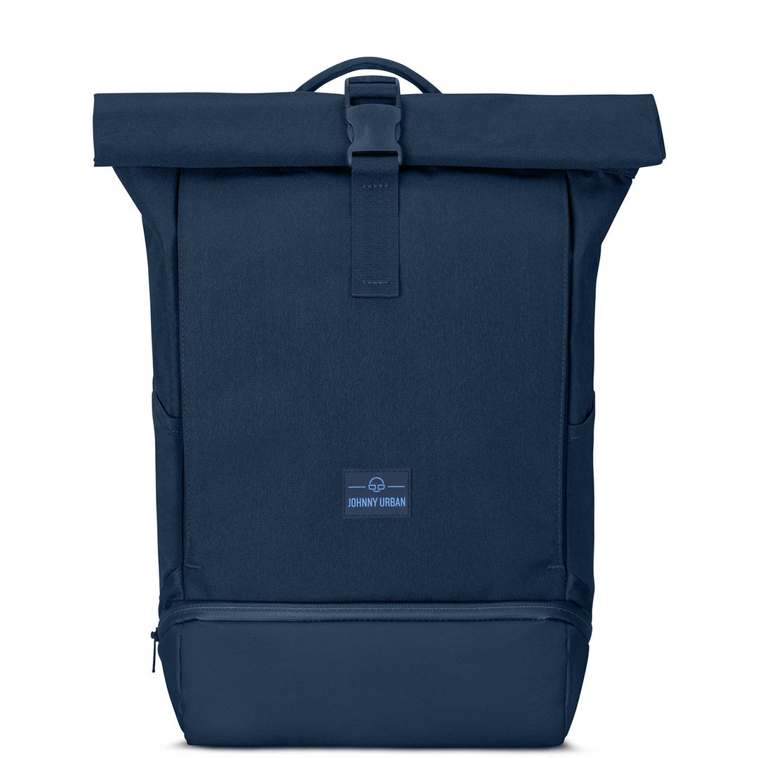 Achteraanzicht UrbanFlow rolltop rugzak; ergonomische schouderbanden voor dagelijks comfort.