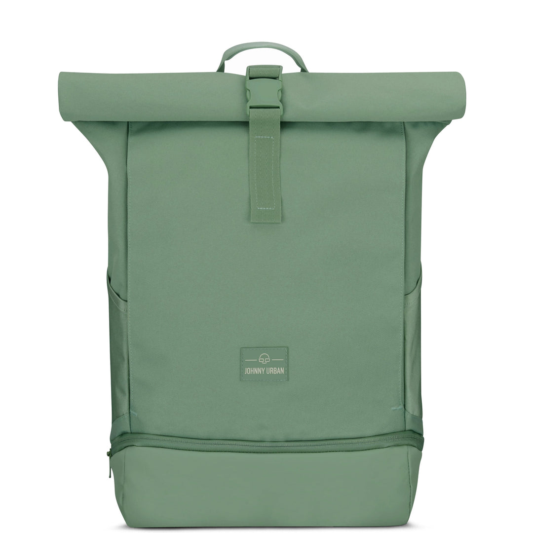 Zijaanzicht van de UrbanFlow rolltop rugzak; strak ontwerp, comfortabel voor unisex gebruik.