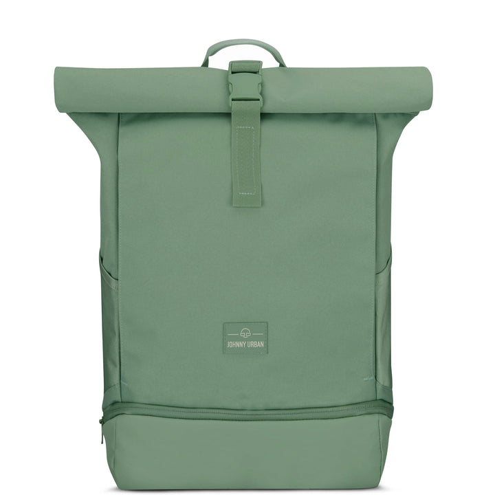 Zijaanzicht van de UrbanFlow rolltop rugzak; strak ontwerp, comfortabel voor unisex gebruik.