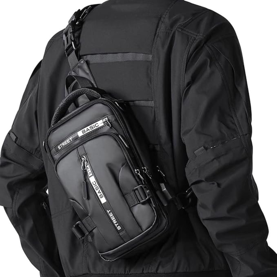 Unisex UrbanLite compacte crossbody sling rugzak, zwart nylon, ideaal voor dagelijks gebruik en reizen.