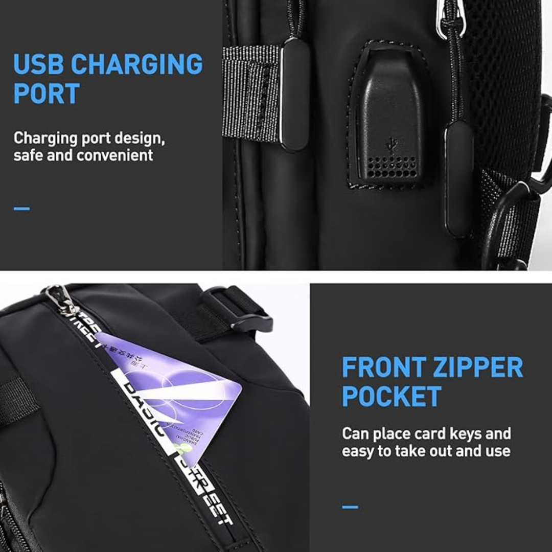 UrbanLite crossbody sling rugzak detail: verstelbare band, stevige ritsen, hoogwaardig nylon materiaal.