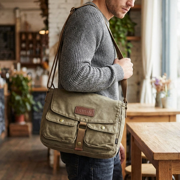 Unisex vintage canvas crossbody tas van Carryforge, ideaal als dagtas of messenger bag.