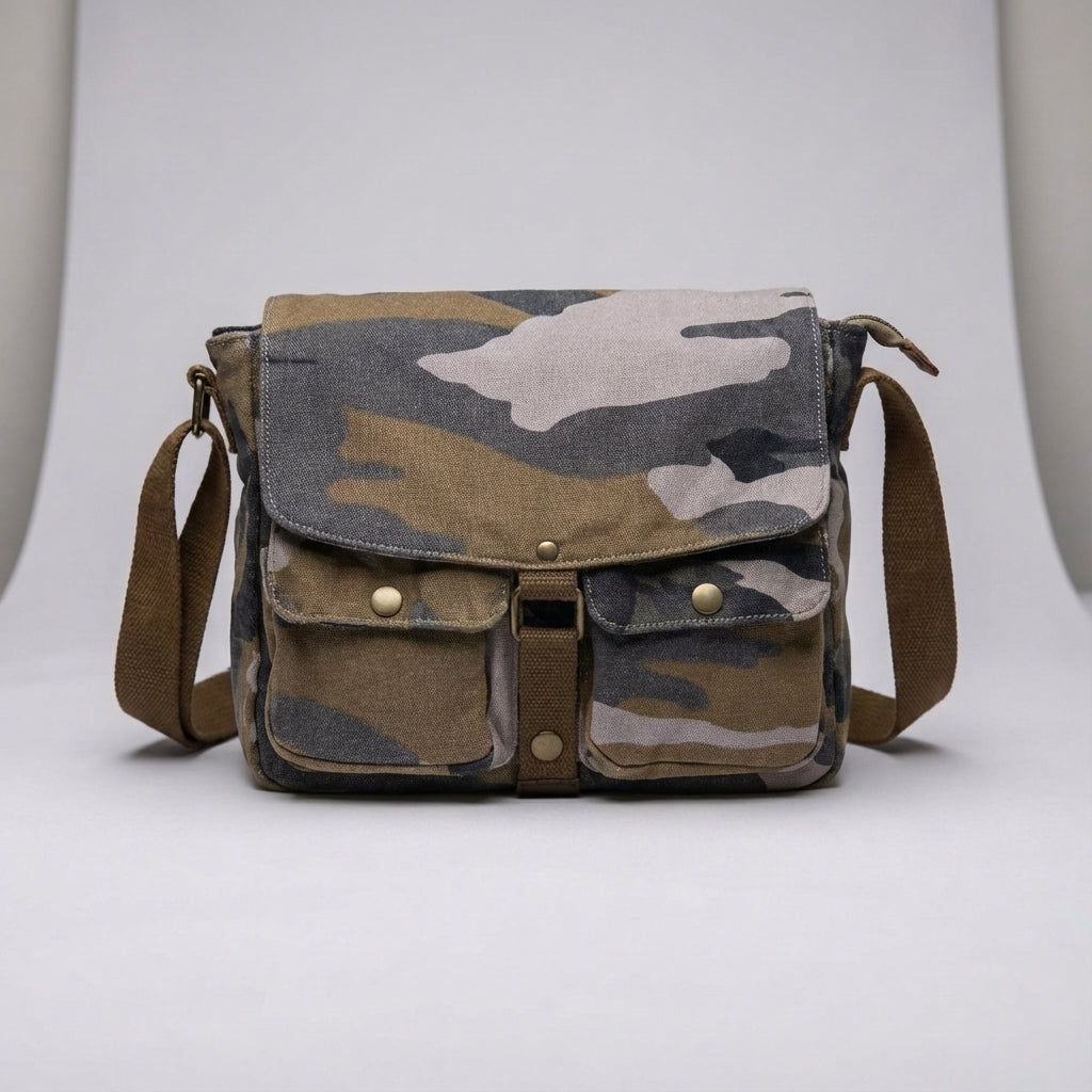 Duurzame vintage canvas crossbody tas, unisex messenger bag van Carryforge voor werk of vrije tijd.