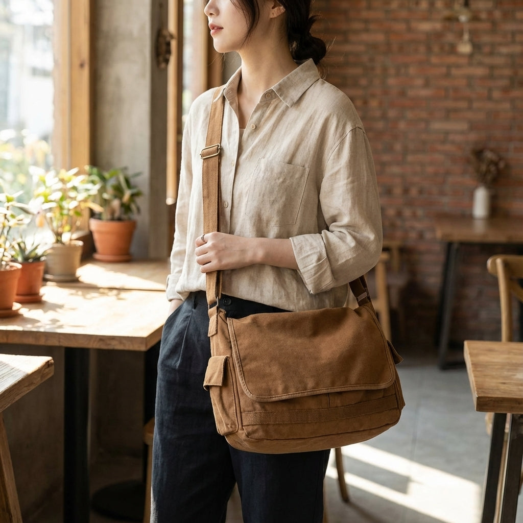 Unisex vintage canvas schoudertas, UrbanSatchel model, ideaal voor dagelijks gebruik en reizen.