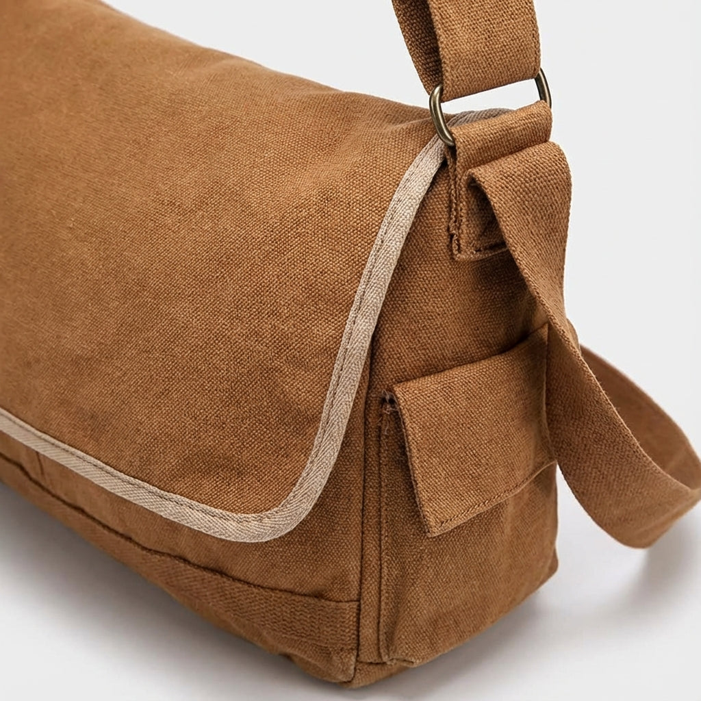 Vintage look canvas schoudertas, duurzaam en ruim, perfect als dagelijkse tas voor mannen en vrouwen.