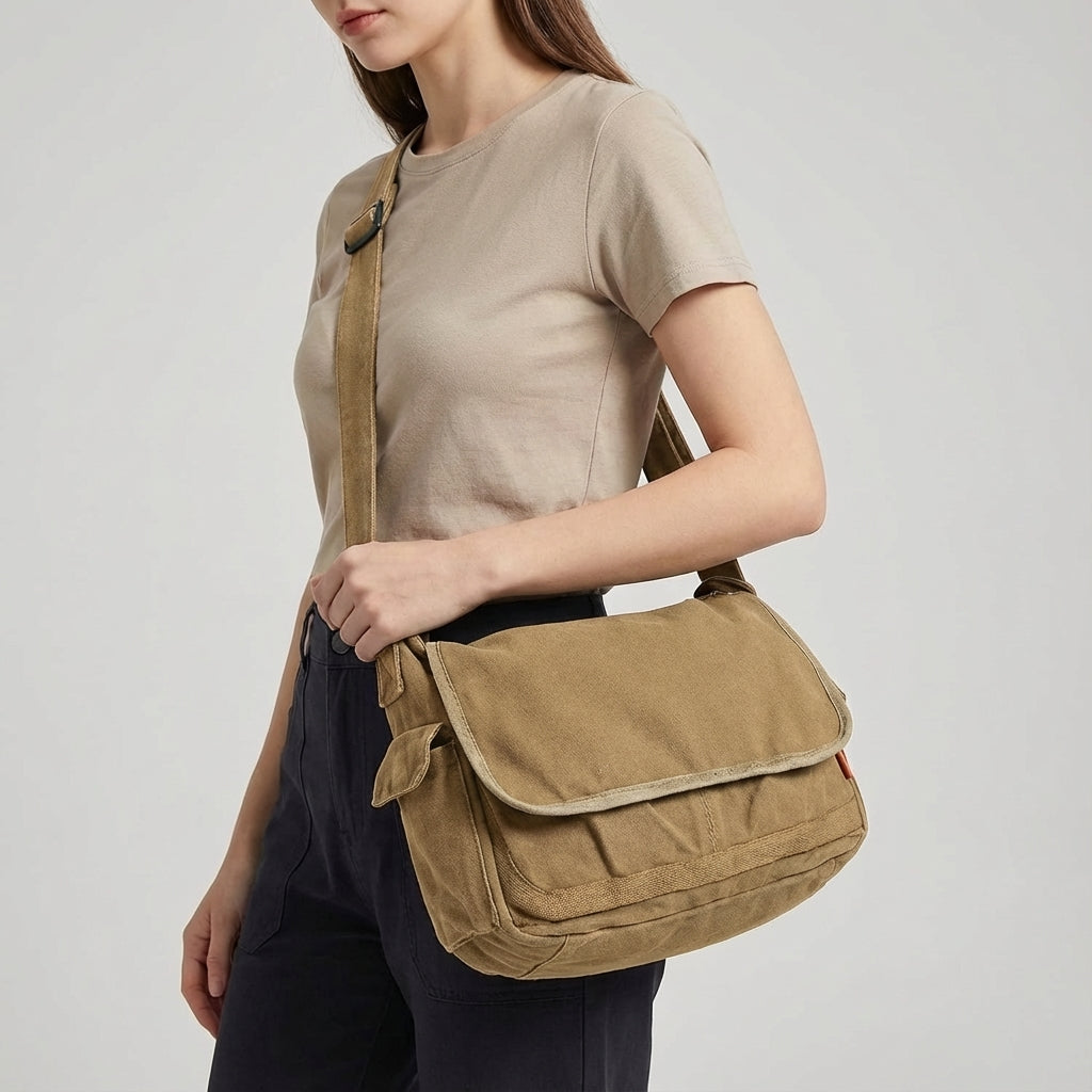 Unisex model draagt de vintage canvas schoudertas UrbanSatchel, comfortabel en praktisch voor onderweg.