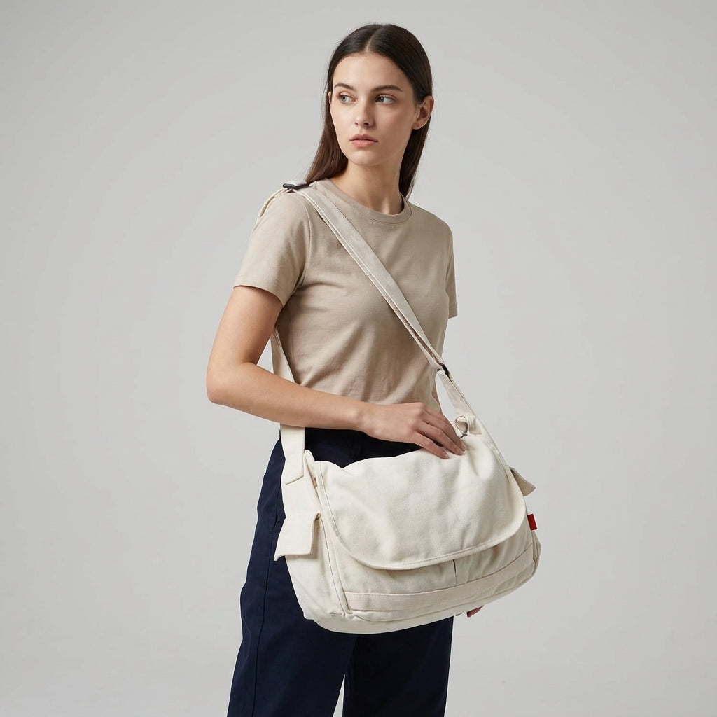 Ruime vintage canvas reistas, messenger stijl, ideaal als duurzame schoudertas voor dagelijks woon-werkverkeer.