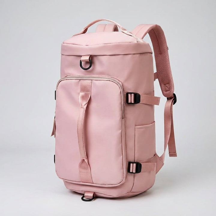 Voyagrin lichtgewicht reistas van voren; te dragen als rugzak of schoudertas; multifunctioneel unisex design.