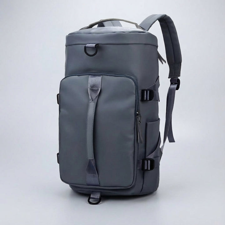 Detail van robuuste rits op Voyagrin lichtgewicht multifunctionele reistas; duurzame reisbagage.