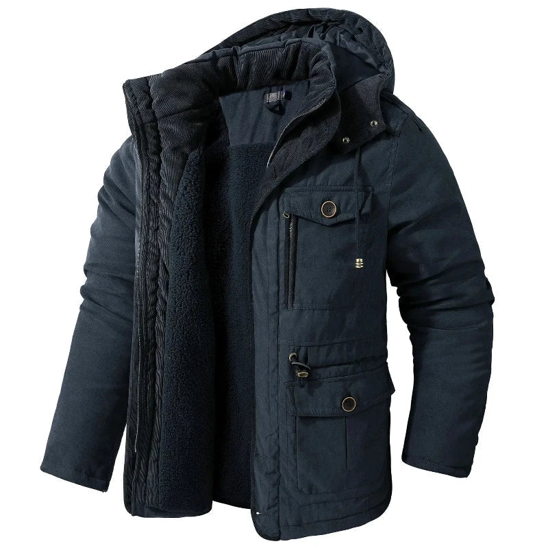 Dichte stof van de waterdichte unisex winterjas, met warme fleecevoering voor optimale koudebescherming.
