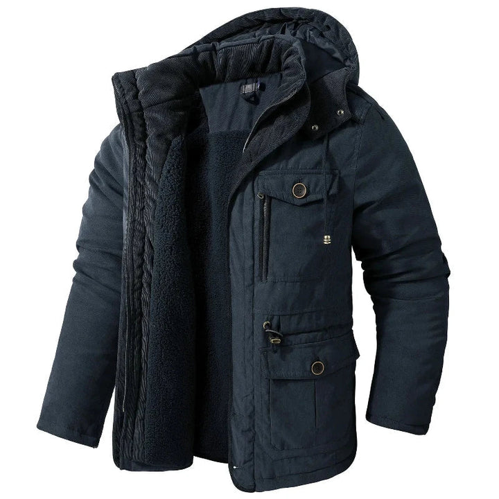 Dichte stof van de waterdichte unisex winterjas, met warme fleecevoering voor optimale koudebescherming.