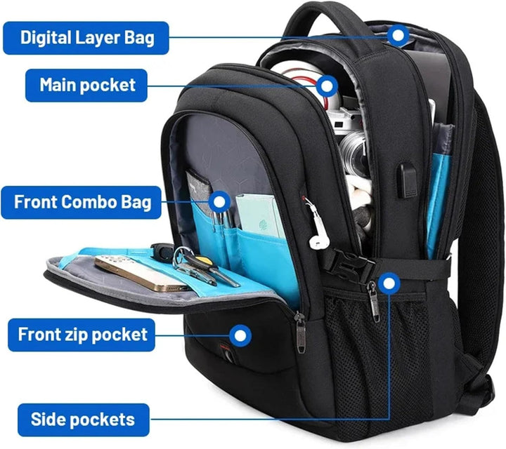 Georganiseerde binnenkant van de unisex rugzak met speciale vakken voor laptop, tablet en accessoires.