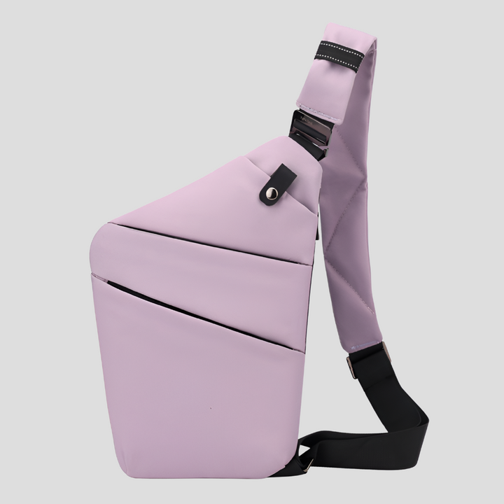 De moderne unisex schoudertas op een model, demonstrerend comfort en stijl voor stedelijke ontdekking.