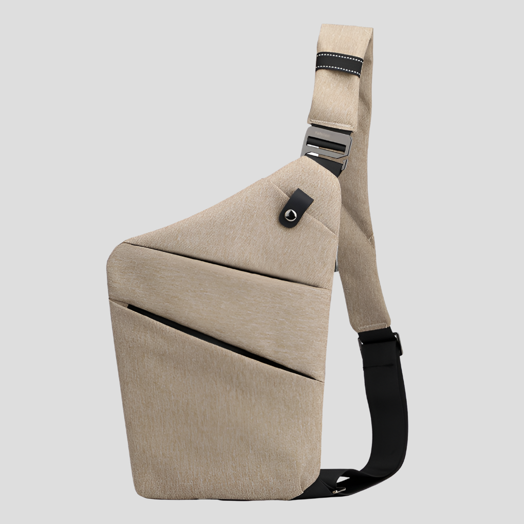 Levensstijl foto van de unisex schoudertas in een stedelijke omgeving, straalt functionaliteit en moderniteit uit.