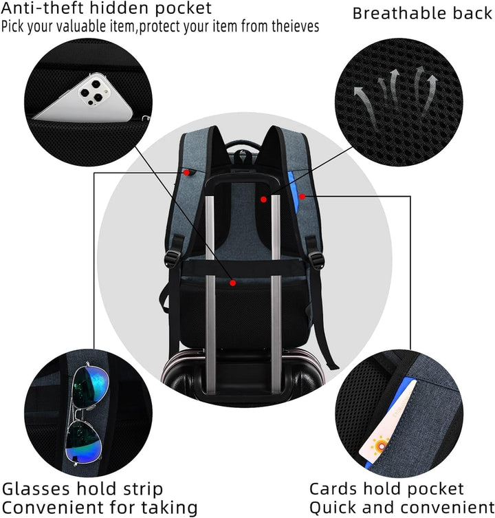 Veelzijdige waterbestendige dagrugzak met laptopruimte, USB-functionaliteit voor werk, school en reizen.