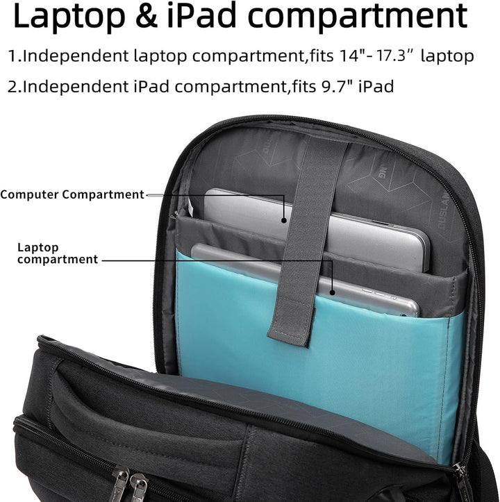 Georganiseerde waterdichte laptoprugzak met veel vakken en externe USB-poort.